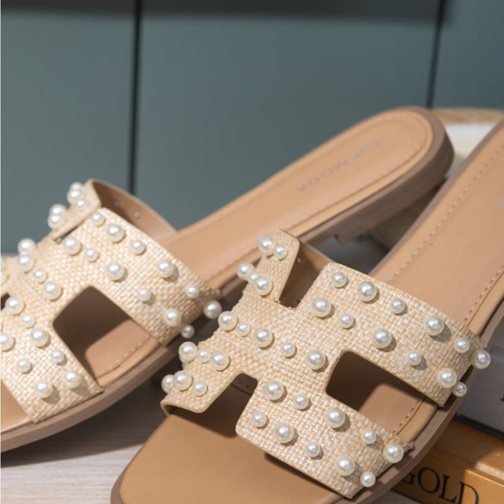 Elegant Tan Pearl-Embellished Sandals